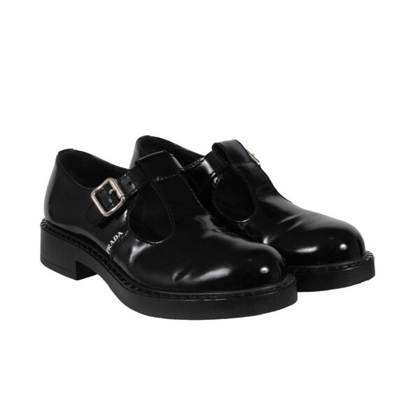 Prada Mens Mary Jane Single Buckle Loafers US 8.5 UK 7.5 Black Leather T Strap - Picture 1 of 12